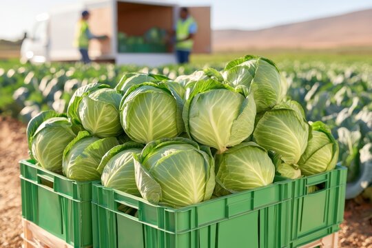 Crates of freshly harvested cabbages stacked at edge of field with workers loading truck