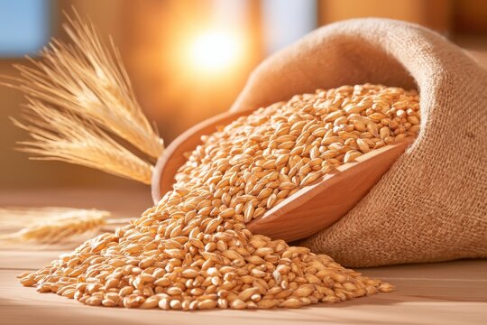 Golden malted barley grains spilling from burlap sack with wooden scoop and wheat stalks warm lighting