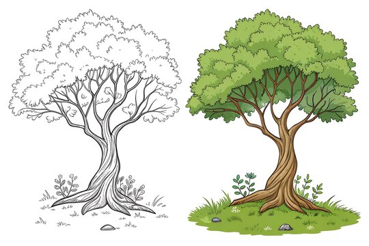 Old tree with leaves and bare branches side by side illustration