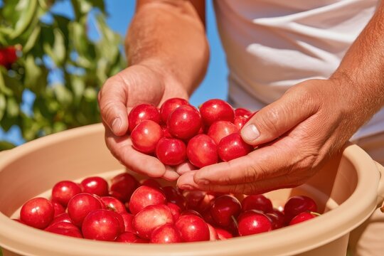 Hands holding ripe red cherries over bucket in sunlit orchard