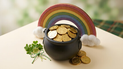 Fototapeta premium Pot of gold coins placed under rainbow with lucky clover patch 