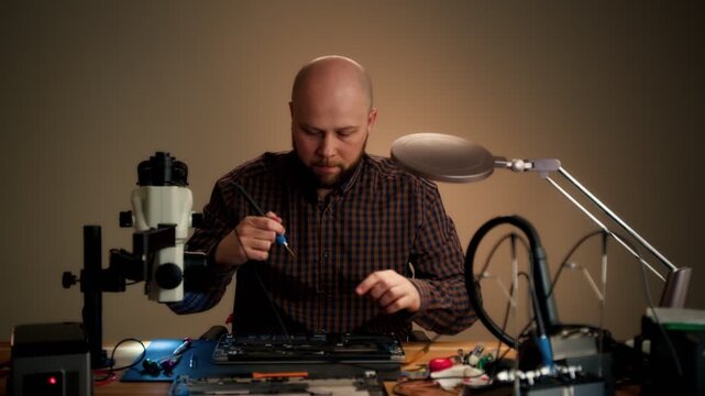 Technician Inspecting Laptop on Electronics Workbench
