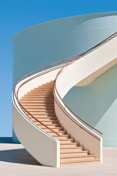 Curved staircase wrapping around large cylindrical structure under clear blue sky