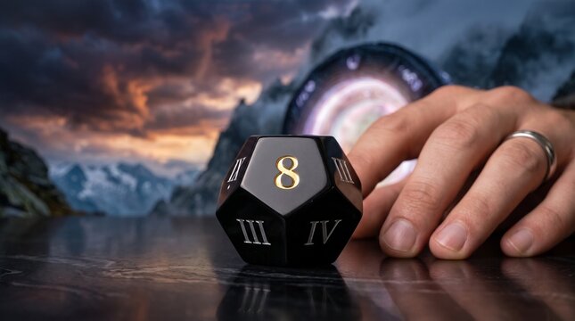 Black 8-sided die on a glossy surface with a human hand in the foreground and a mountain landscape at sunset in the background