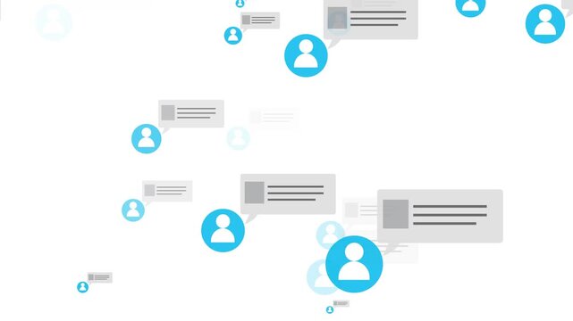 Social media marketing animation, local business, building customer relationships, collection of profile boxes and data bubbles, zooming motion effect, transparent background, 4K video.