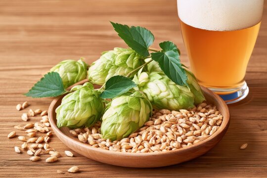 Overhead flat lay of hop cones and malted barley with beer glass on wooden surface