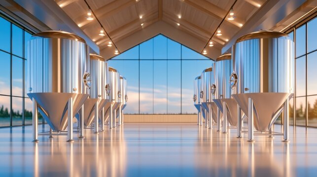 Rows of tall stainless steel fermentation tanks in modern brewery interior
