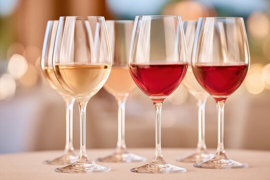 Rows of wine glasses arranged for tasting event with golden and red wine under warm lighting