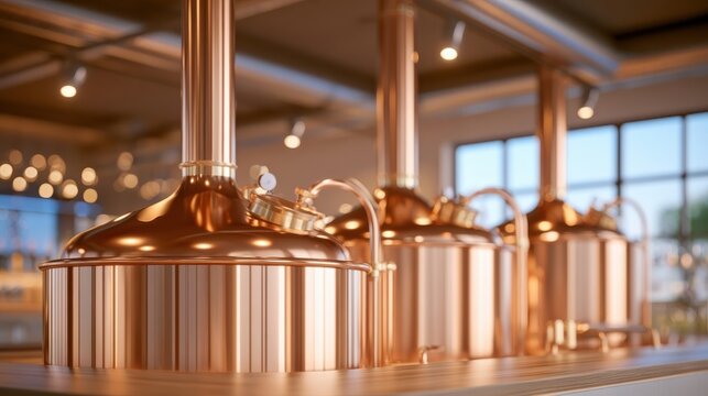 Copper brewing tanks in modern craft brewery interior