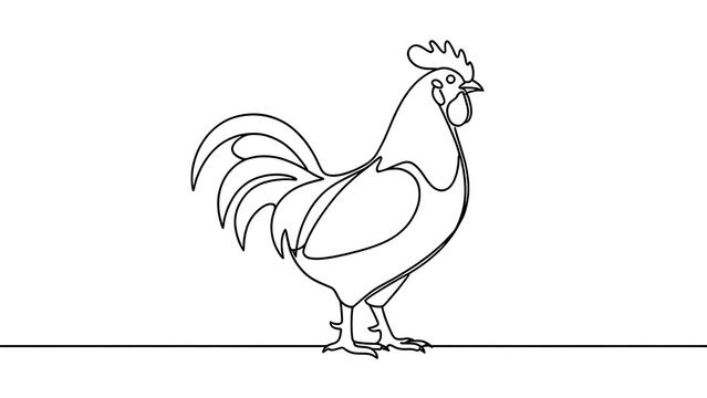 Simple line art rooster drawing white background.