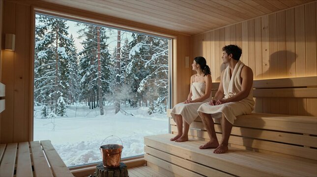 Couple relaxes in a sauna with snow-covered trees outside during winter