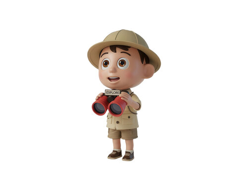 3D cartoon explorer boy holding red binoculars. Cute safari scout character in khaki uniform. Little adventurer kid on white background.