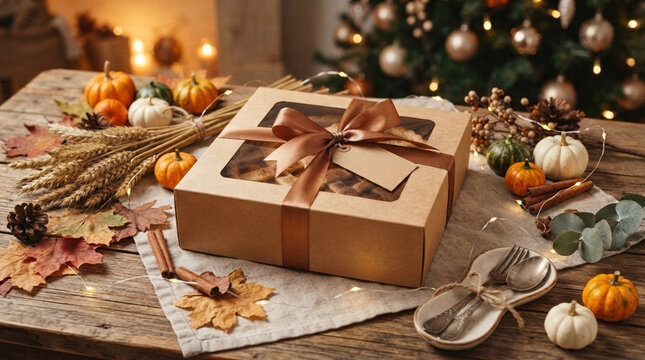 A festive gift box with a red ribbon placed on a decorated table for the holiday season