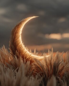 Surreal crescent moon shape formed by golden pampas grass stalks against moody twilight sky at sunset