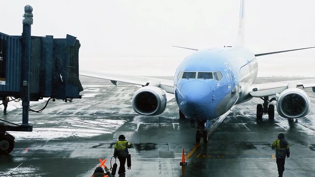 Ground Crew Approaching Parked Airplane in Snowy Airport - 4K