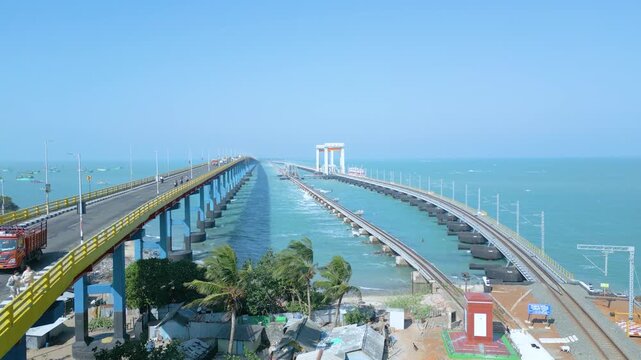 Aerial View of Pamban Rail Bridge, Tamil Nadu, India,