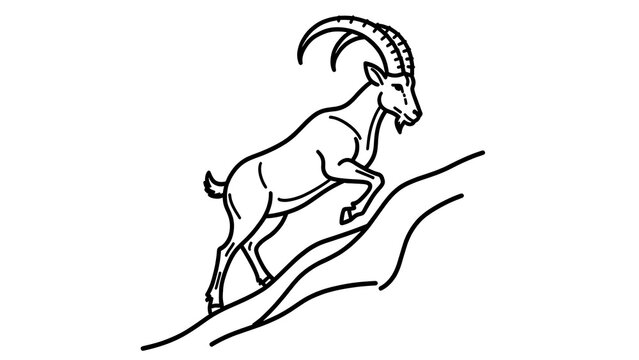 Mountain goat climbing on rocky slope white background.