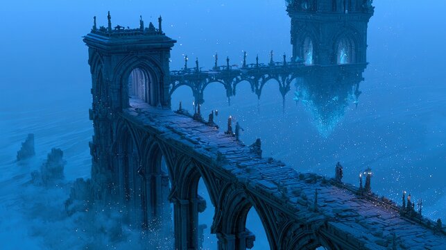 Ruined gothic bridge leading to floating gatehouse castle, glowing spectral guards, soft blue mist, fairy lights set in mystical forest landscape