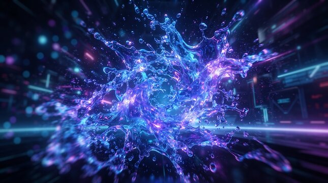 Digital liquid water splash with glowing neon light particles in dark space, particles