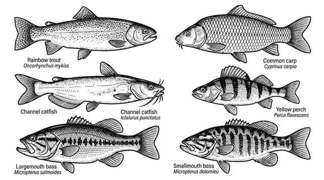 Educational illustration showing various species of freshwater fish with their common and scientific names.