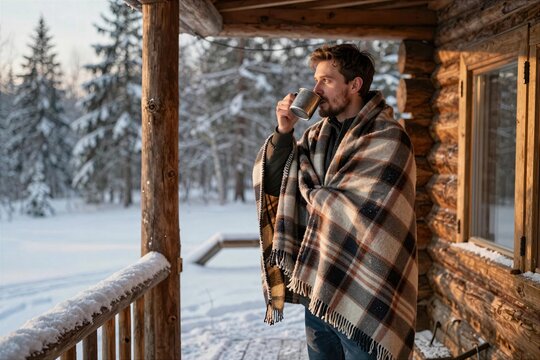 Man drinks from a mug while wrapped in a blanket on a cabin porch in winter