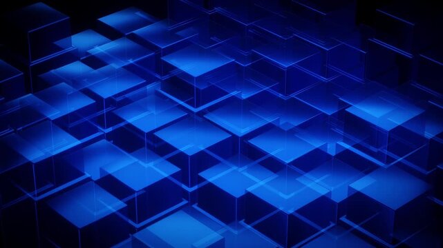 An abstract and futuristic background features an intricate grid of glowing blue geometric shapes, including translucent cubes and solid boxes. The repeating pattern creates a sense of depth and