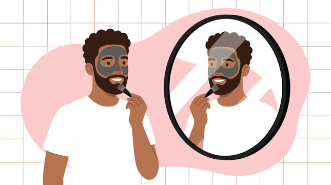 Young man applying charcoal facial mask with brush looking into mirror in bathroom vector illustration