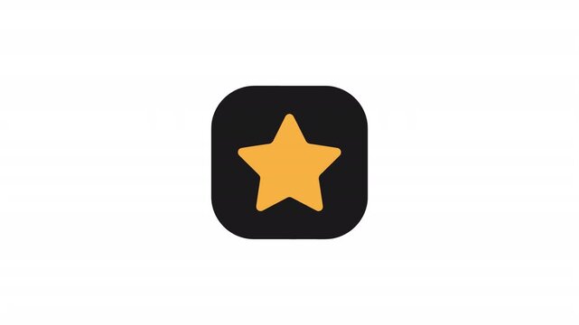Minimalist square app icon animation featuring smooth black rounded shape with golden star. motion graphic black rounded square containing glowing yellow star icon on clean white background.