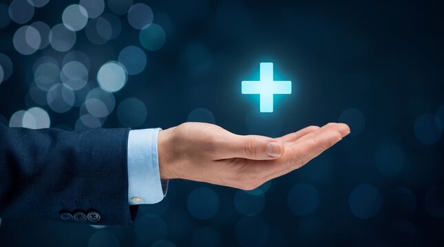 Glowing plus sign icon hovering over businessman hand, medical health insurance concept, digital healthcare and value added service symbol