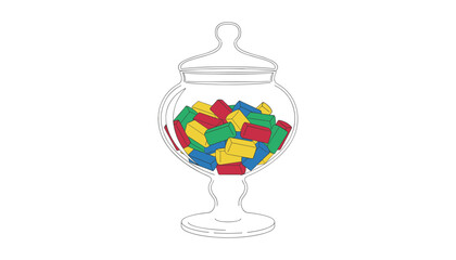 Obraz premium Elegant glass jar filled with colorful toy building blocks resembling candy sweets against a plain white background.