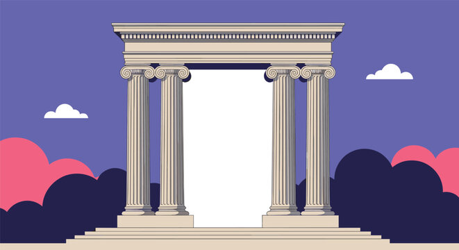 Majestic classical arch with four tall ionic columns standing against a colorful sunset sky with stylized clouds and dark silhouetted trees.