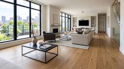 Fototapeta premium Modern living room with large windows and city view