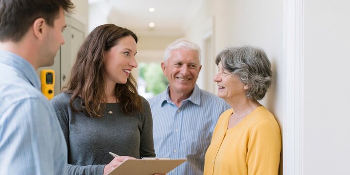 Real estate agent consulting senior couple indoors
