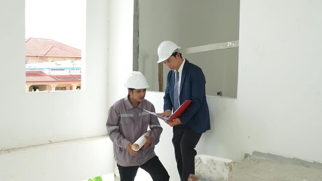 Construction inspectors and engineer discussing project details at an unfinished building site, teamwork, communication, safety compliance, site supervision, safety, construction project management.
