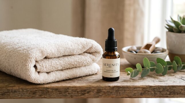Spa oil bottle and soft towel on wooden table. Essential oil for massage and wellness therapy.