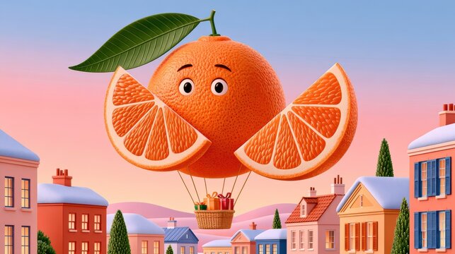 Giant mandarin orange hot air balloon with leaf fin floating over colorful town at sunset