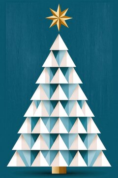 Geometric mid century modern Christmas tree with gold star on teal background