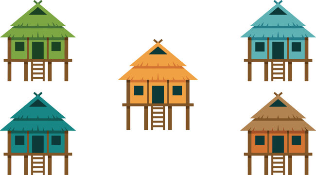 Colorful Traditional Indonesian Wooden Stilt House Icon Set with Thatch Roof Tribal Village Huts for Tropical Rural Architecture Graphic Designs