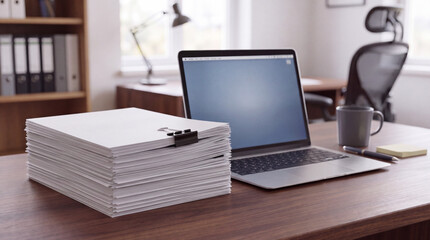 Fototapeta premium A large stack of blank white paper secured with a binder clip on an office desk next to a laptop.