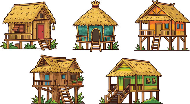 Traditional Tropical Stilt Bungalow Icon Set Featuring Wooden Beach Cabins and Thatch Roof Huts for Exotic Island Village Graphic Designs