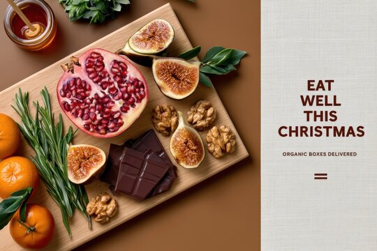 Healthy food delivery Christmas campaign with pomegranate figs chocolate and herbs on wooden board