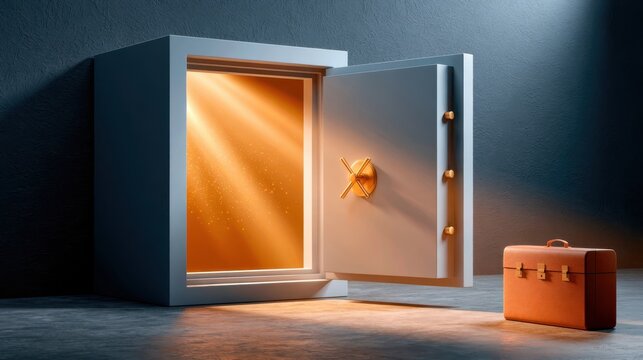 Heavy vintage steel safe open on dark concrete with golden glow and briefcase beside
