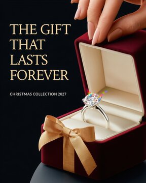 Diamond ring in red velvet box with gold bow for Christmas gift campaign