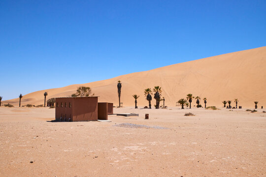 Eine gro&szlig;e Sandd&uuml;ne mit einzelnen Palmen und kleiner H&uuml;tte ist an D&uuml;ne 7 in der Region Erongo, Namibia, zu sehen.