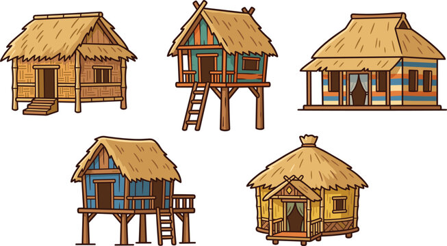Colorful Tropical Eco Resort Icon Set with Traditional Wooden Stilt Bungalows and Thatch Roof Island Cabins for Travel Graphic Designs