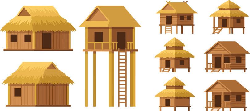 Traditional Wooden Bungalow and Stilt Hut Icon Set Featuring Thatch Roof Cabins and Bamboo Eco Lodges for Tropical Village Vector Designs