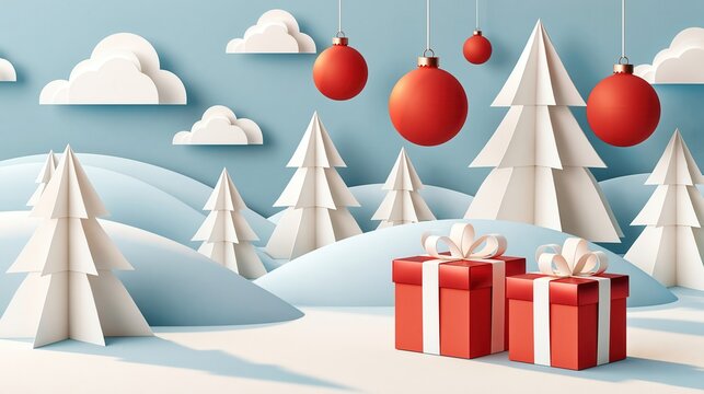 Paper cut craft winter wonderland with red ornaments and gift boxes