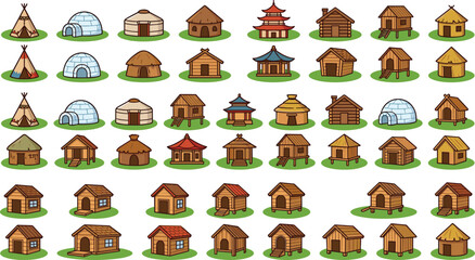 Global Traditional House and Building Icon Set Featuring Teepees, Igloos, Yurts, Pagodas, African Huts, Wooden Log Cabins, and Rural Village Cottages © Mdsahidul