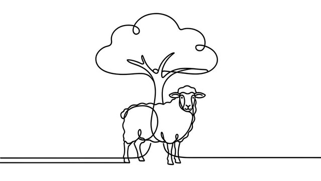 Sheep under tree illustration white background.