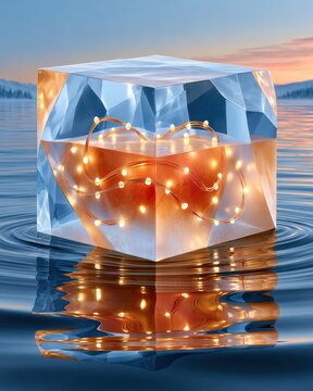 Clear ice cube podium with glowing heart shaped lights floating on water at sunset